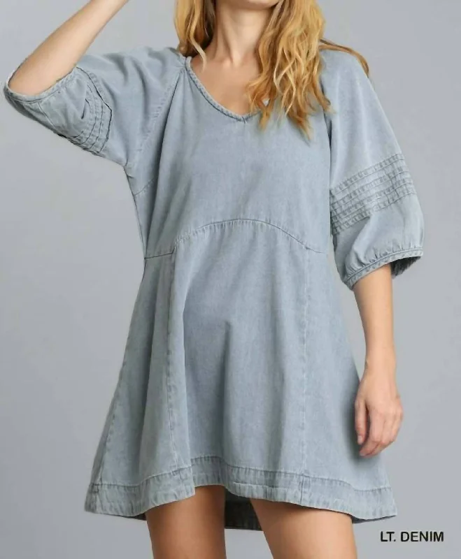 Casual Clothes For Women Half Puff Sleeve Dress In Light Denim