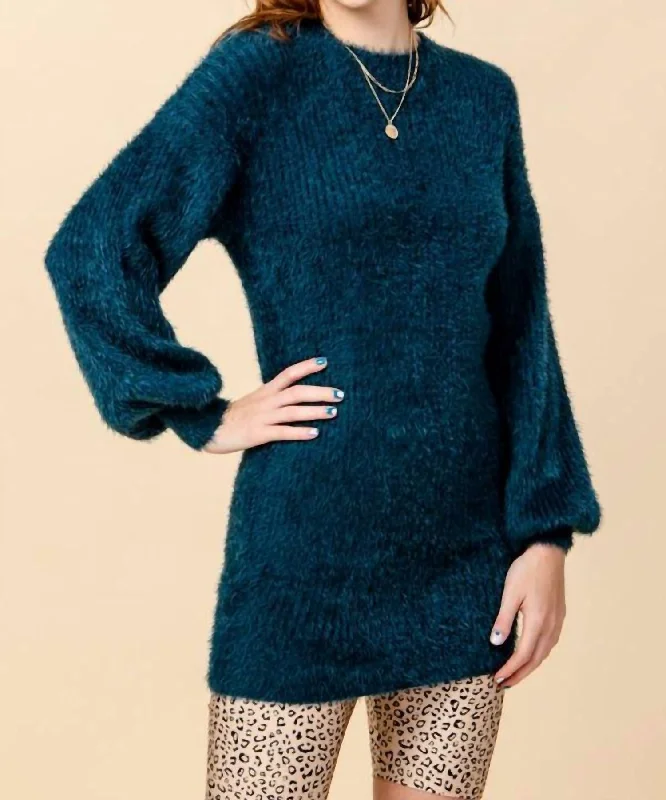 Fashion-forward Women's Clothing Puff Sleeve Knit Sweater Dress In Teal