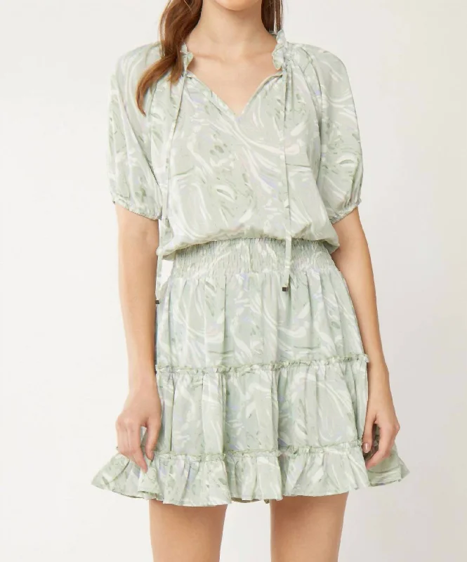 Fashion Women's Clothing Printed Puff Sleeve Tiered Dress In Seafoam