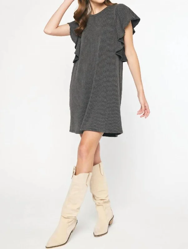 Current Trends Ribbed Ruffle Dress In Charcoal