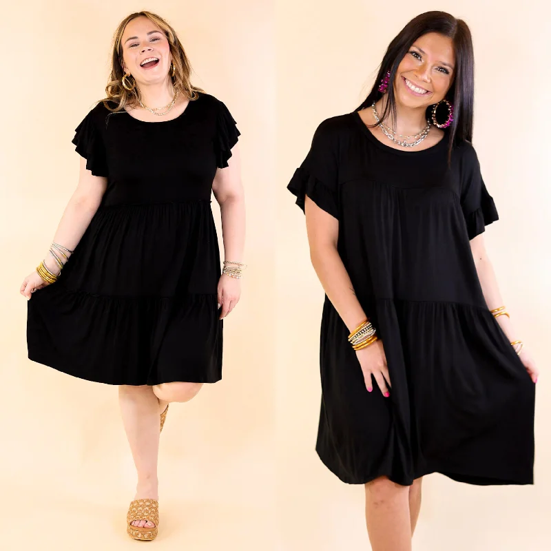 Women's Travel Outfit Set Gorgeous Girly Ruffle Sleeve Tiered Dress in Black