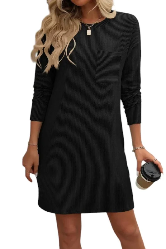 Unique Women's Fashion Pieces Aurora Ribbed Knit Chest Pocket Dress In Black