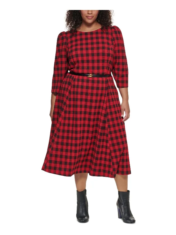 Women's Casual Wear Outfit Plus Womens Buffalo Check 3/4 Sleeves Fit & Flare Dress