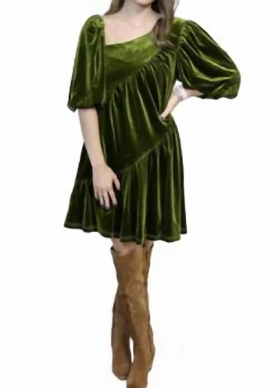 Elegant Women's Clothing Short Sleeve Velvet Dress In Green