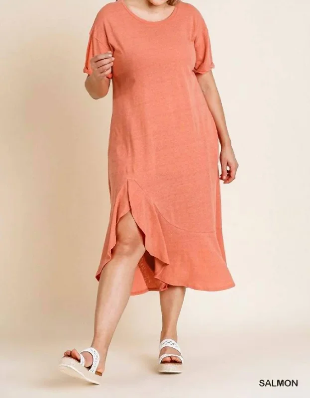 Comfortable Casual Wear Maxi Ruffle Short Sleeve Plus Dress In Salmon