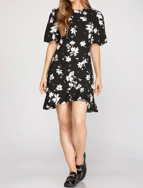 Evening Elegance Puff Short Sleeve Print Dress In Black