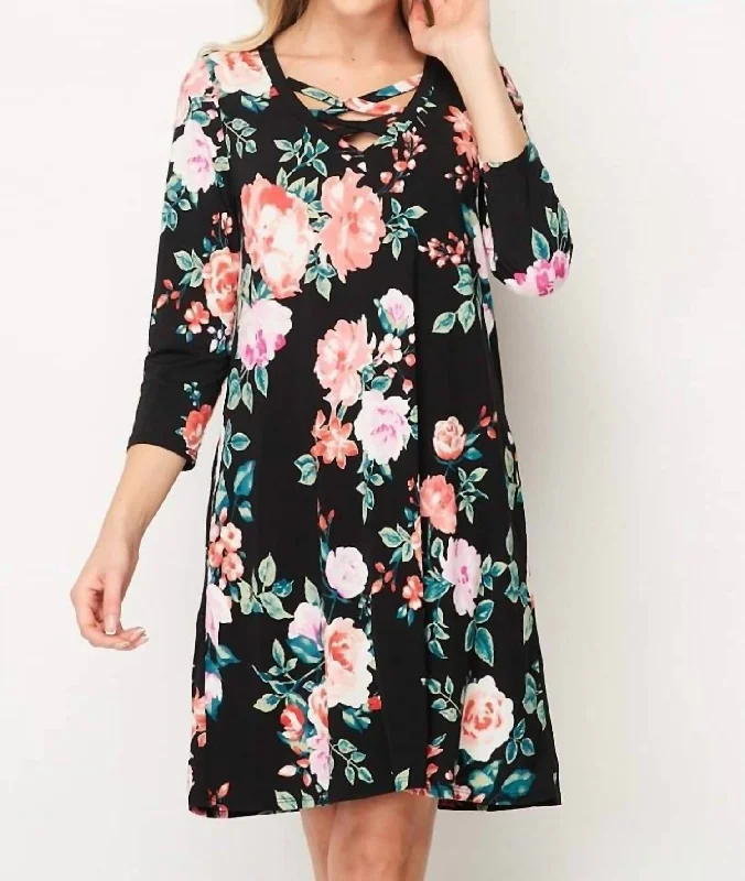 Women's Trendy Casual Outfit Flower Dress In Black