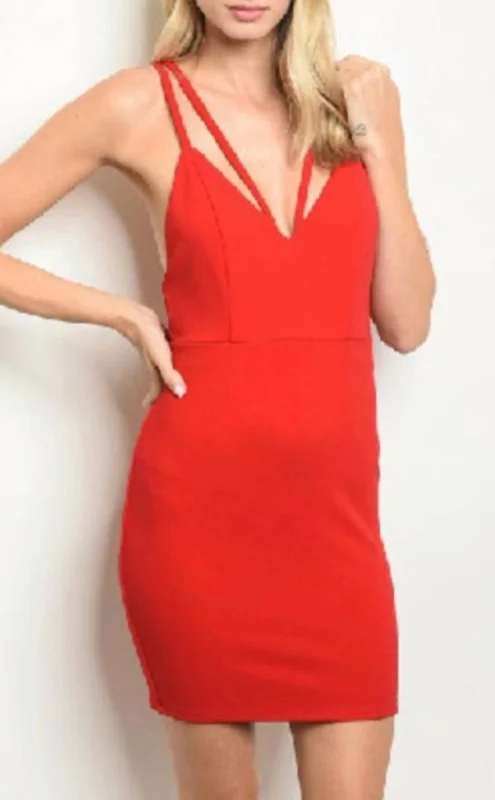 Women's Casual Wear Outfit Low Cut Dress In Red