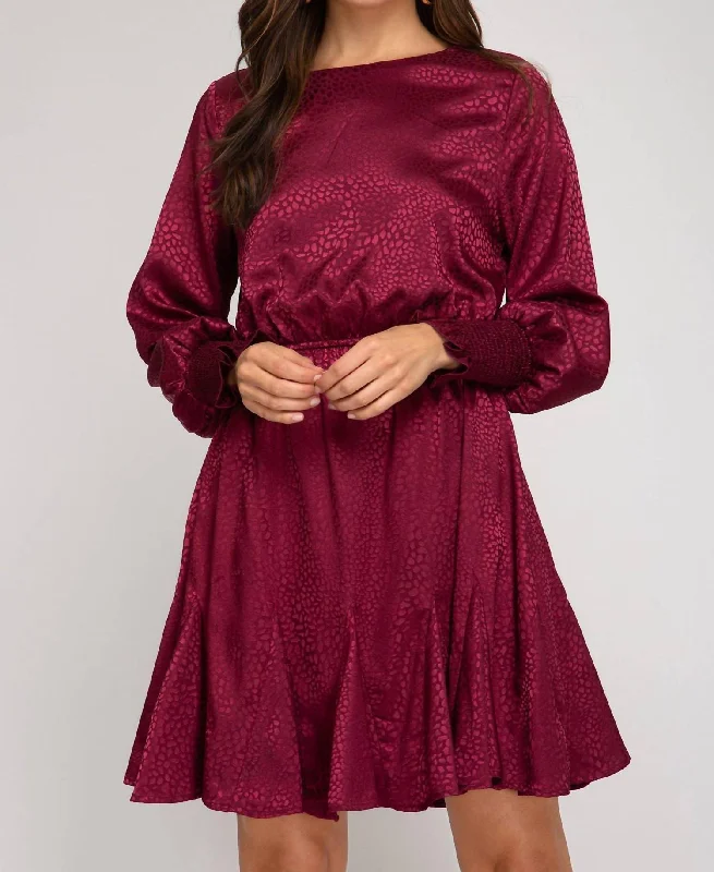 Fashionable Women's Clothes Animal Jacquard Godet Dress In Deep Wine