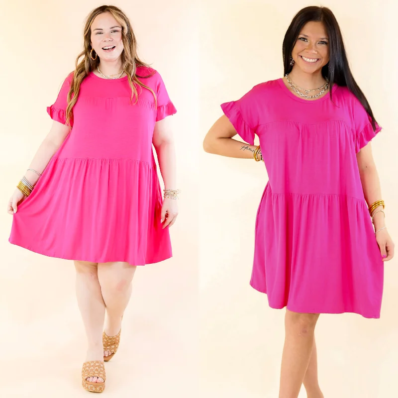 Women's Classic Outfit Gorgeous Girly Ruffle Sleeve Tiered Dress in Fuchsia Pink