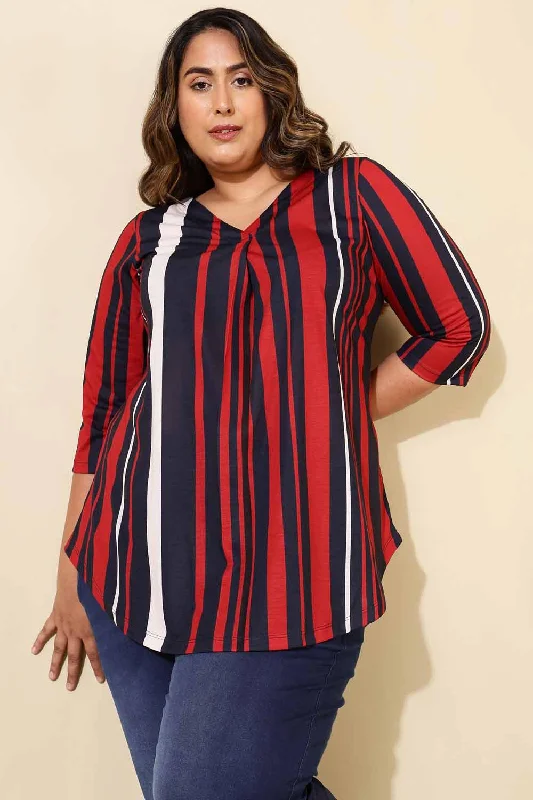 Exclusive Sale Plus Size Red Blue Striped Centre Pleat Top