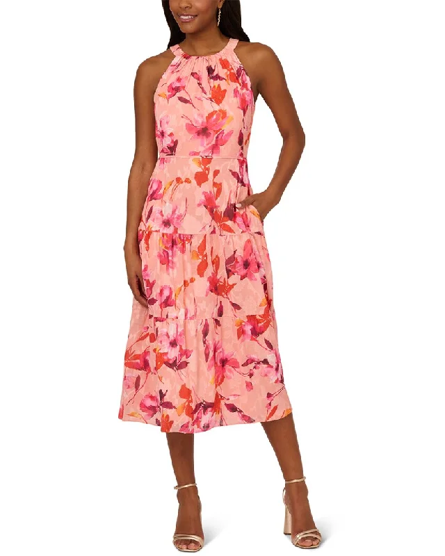 Women's Chic Outerwear Outfit Adrianna Papell Shirred Tiered Halter Dress