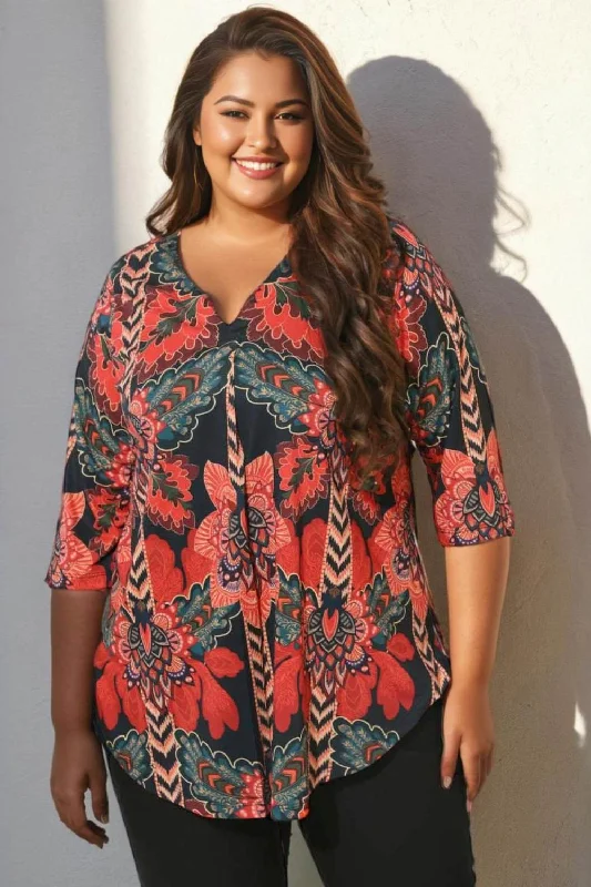 Versatile Outfits Plus Size Black Tropical Print Centre Pleat Top