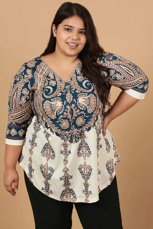 Trendy Street Style Plus Size Cream Luxe Ethnic Print Centre Pleat Top
