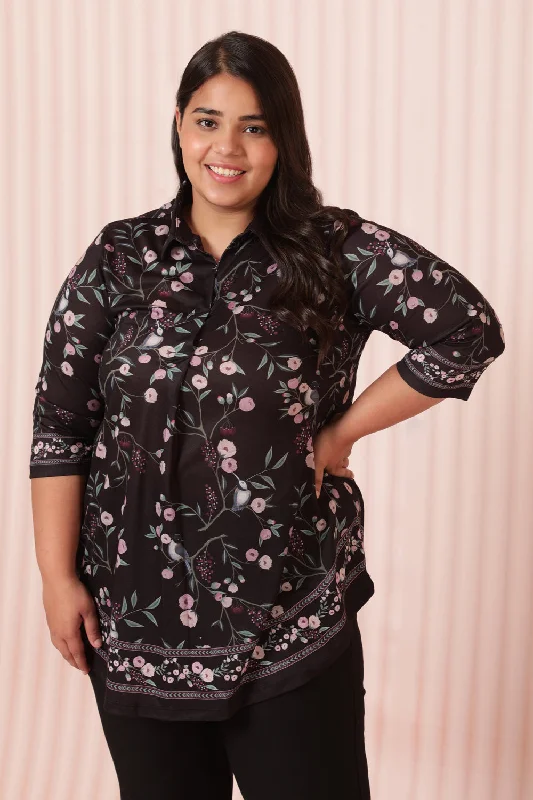 Minimalist Style Black Floral Luxe Centre Pleat Top