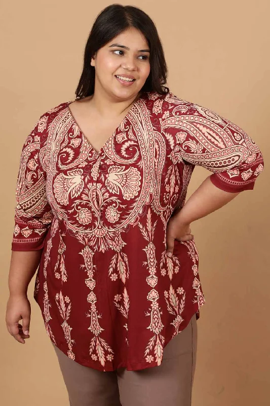 Premium Style Plus Size Maroon Luxe Ethnic Print Centre Pleat Top