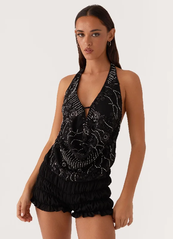 Chic Styles Gail Beaded Cowl Halterneck Top - Black