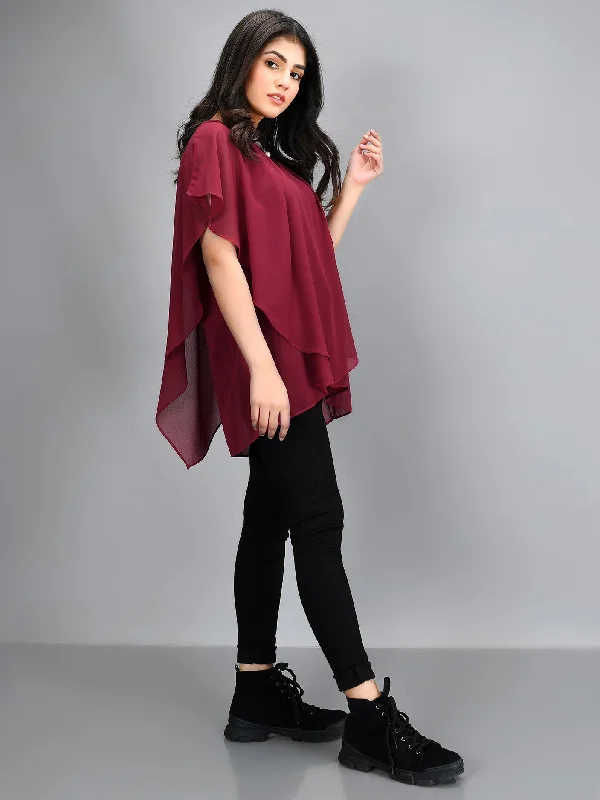 Graceful Fashion Pleated Chiffon Top - Maroon