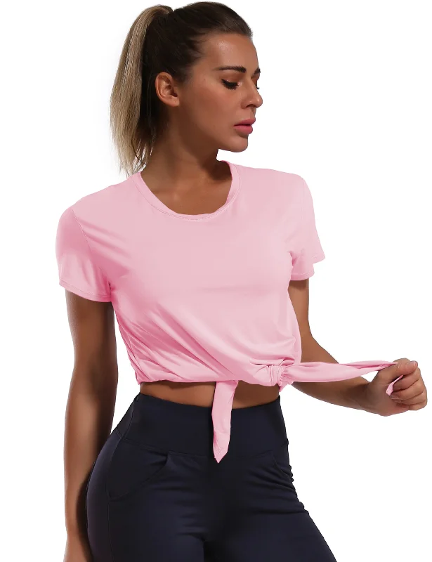 Limited-Stock Sale On Yoga Tops And Leggings Tie Up Crop Top Short Sleeve T-Shirt lightpink Limited-Stock Sale On Yoga Tops And Leggings Tie Up Crop Top Short Sleeve T-Shirt lightpink