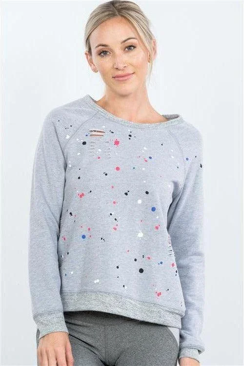 Look And Feel Your Best With Discounted Yoga Clothing Grey Paint Splatter Distressed Front Pullover Look And Feel Your Best With Discounted Yoga Clothing Grey Paint Splatter Distressed Front Pullover