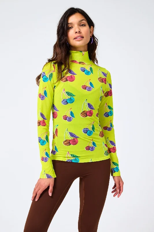 Affordable Activewear Designed For Movement Mesh Mock Neck in Pepperoncini Halftone Cherries Affordable Activewear Designed For Movement Mesh Mock Neck in Pepperoncini Halftone Cherries