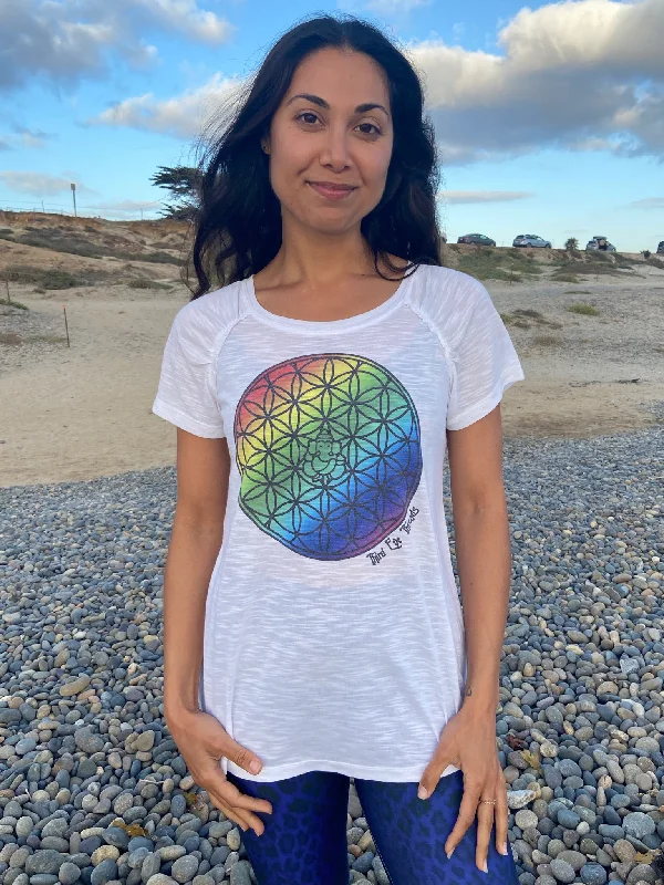 Premium Yoga Wear At Special Discounts Rainbow Flower of Life Shirred Raglan Tee