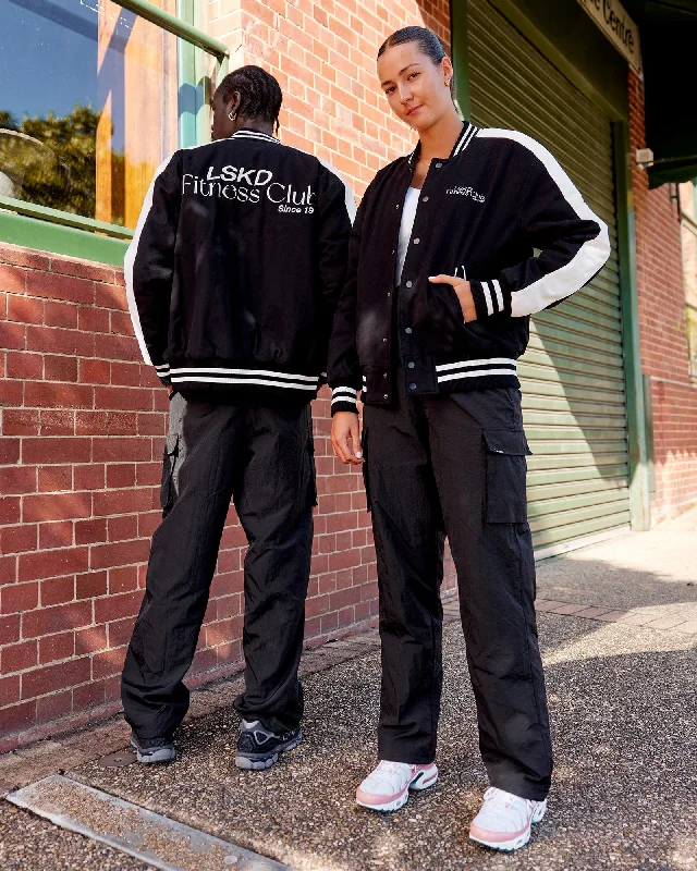 Soft, Stretchy, And Super Affordable Yoga Wear Unisex Fitness Club Bomber Jacket - Black-Off White Soft, Stretchy, And Super Affordable Yoga Wear Unisex Fitness Club Bomber Jacket - Black-Off White