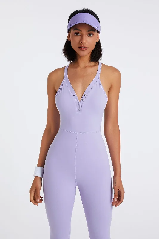 Move With Confidence In Discounted Yoga Outfits Deep V-Neck Henley Button Onesie