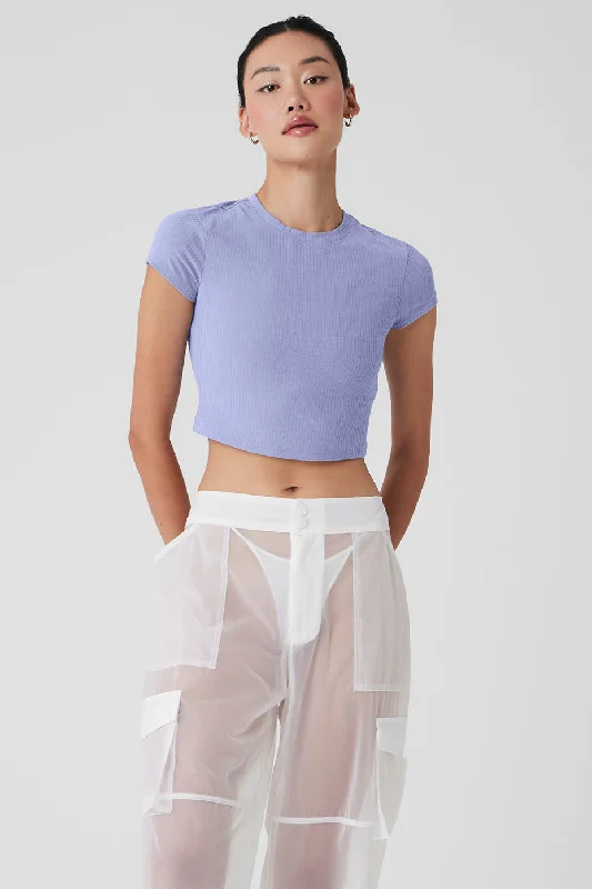 Premium Yoga Wear At Special Discounts Ribbed Sea Coast Cropped Short Sleeve Tee - Lilac Blue Premium Yoga Wear At Special Discounts Ribbed Sea Coast Cropped Short Sleeve Tee - Lilac Blue