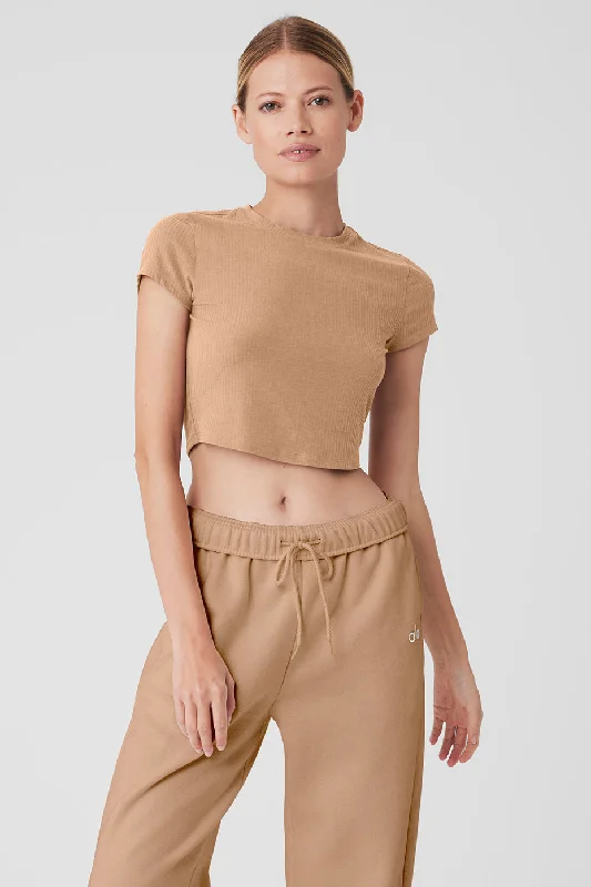 Comfortable, Stylish, And Now More Affordable Ribbed Sea Coast Cropped Short Sleeve Tee - Toasted Almond Comfortable, Stylish, And Now More Affordable Ribbed Sea Coast Cropped Short Sleeve Tee - Toasted Almond
