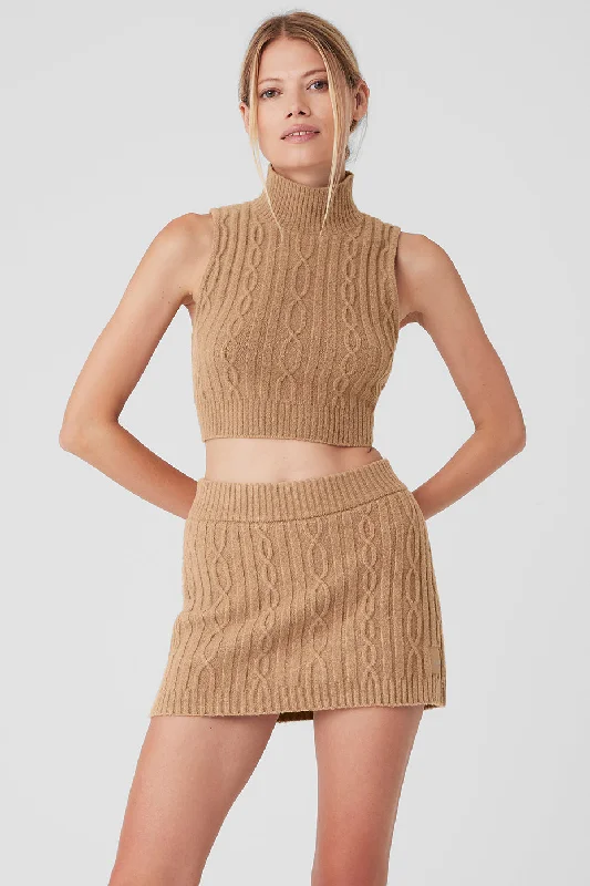 Flow In Comfort With Stylish Discounts Cable Knit Winter Bliss Mock Neck Tank - Toasted Almond Flow In Comfort With Stylish Discounts Cable Knit Winter Bliss Mock Neck Tank - Toasted Almond