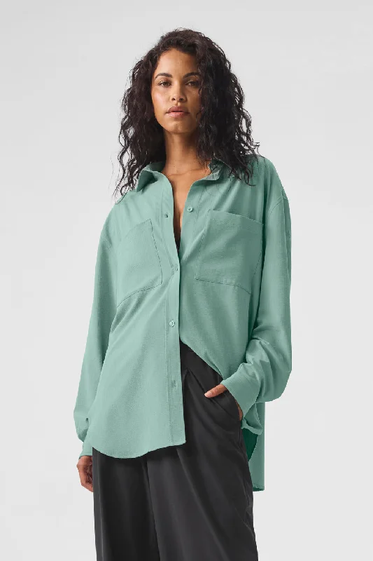 Lightweight, Breathable Yoga Wear At Special Prices Dreamscape Button Down Long Sleeve - Botanical Green Lightweight, Breathable Yoga Wear At Special Prices Dreamscape Button Down Long Sleeve - Botanical Green