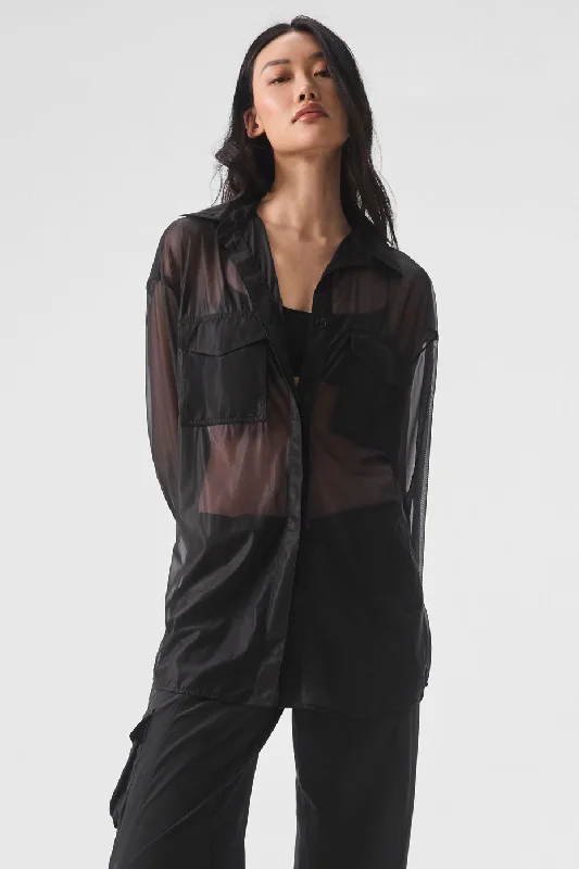 Move Freely With Premium Yoga Clothes At Great Prices Sheer Effusion Button Down Long Sleeve - Black Move Freely With Premium Yoga Clothes At Great Prices Sheer Effusion Button Down Long Sleeve - Black