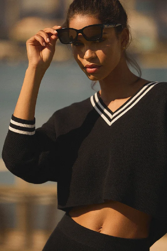 Trendy Yoga Outfits At Budget-Friendly Prices Tennis Club Sweater Knit V-Neck Pullover - Black/Ivory Trendy Yoga Outfits At Budget-Friendly Prices Tennis Club Sweater Knit V-Neck Pullover - Black/Ivory