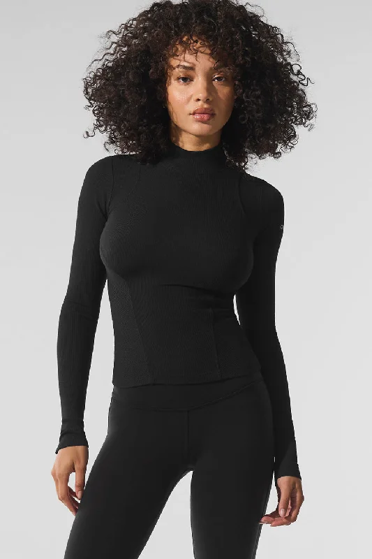 Breathe Easy In Comfortable Yoga Outfits Ribbed Mesmerize Mock Neck Long Sleeve - Black Breathe Easy In Comfortable Yoga Outfits Ribbed Mesmerize Mock Neck Long Sleeve - Black