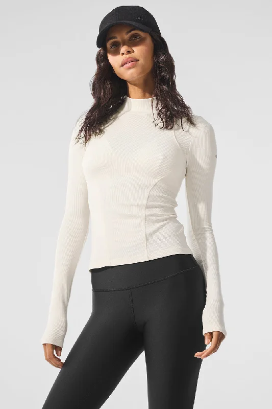 Flow Into Savings With Trendy Yoga Apparel Ribbed Mesmerize Mock Neck Long Sleeve - Ivory