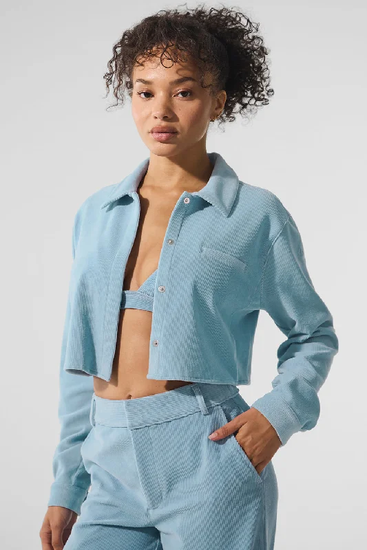 Your Yoga Wardrobe, Upgraded For Less Micro Corduroy Cropped Dreamer Button Down - Celestial Blue Your Yoga Wardrobe, Upgraded For Less Micro Corduroy Cropped Dreamer Button Down - Celestial Blue