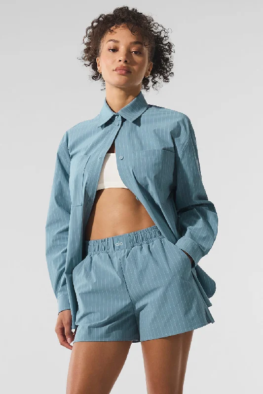 Soft, Supportive Yoga Wear At Unbeatable Savings Pinstripe Daylight Button Down Long Sleeve - Dark Celestial Blue/White Soft, Supportive Yoga Wear At Unbeatable Savings Pinstripe Daylight Button Down Long Sleeve - Dark Celestial Blue/White