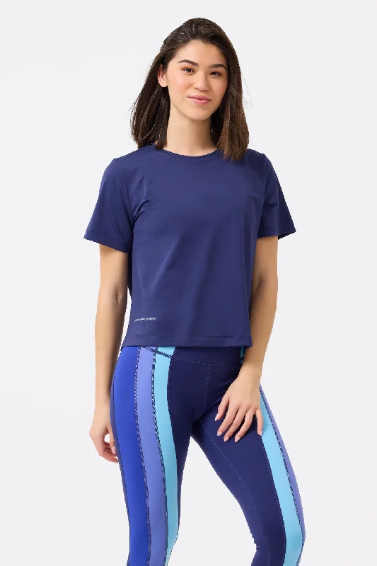 Breathe Easy In Comfortable Yoga Outfits Workit Crop Tee in Navy
